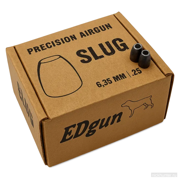 Упаковка Edgun Slug 6.35 мм с двумя пулями, поставленными на крышку