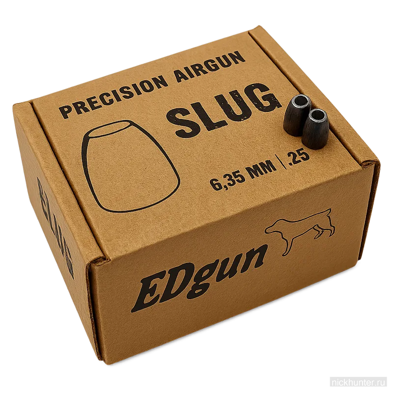 Упаковка Edgun Slug 6.35 мм с двумя пулями, поставленными на крышку