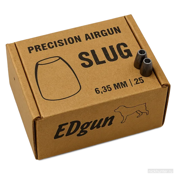 Коробка Edgun Slug 6.35 мм со стороны логотипа, пули стоят сверху