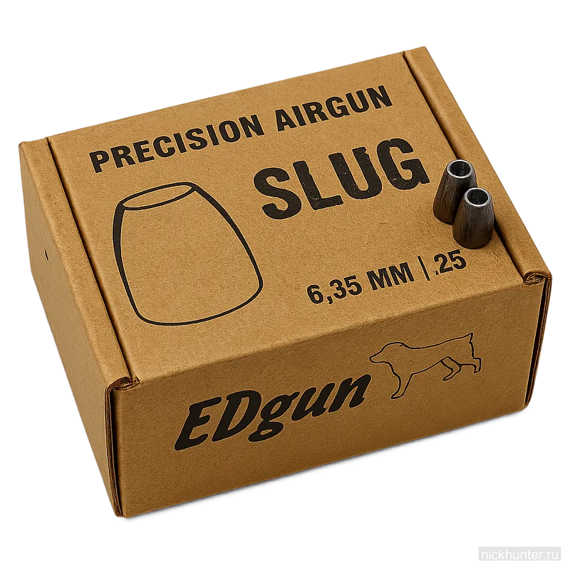 Коробка Edgun Slug 6.35 мм со стороны логотипа, пули стоят сверху