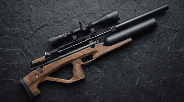 Jager SP Bullpup 5.5 мм с модератором на тёмном фоне, вид справа