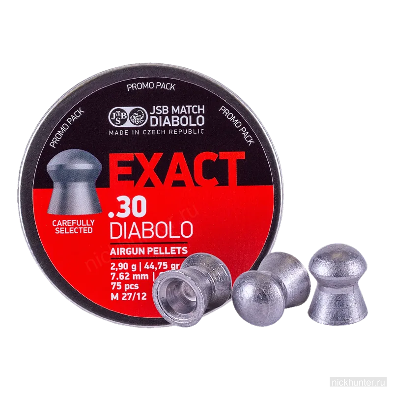 JSB Exact Diabolo 7.62 мм в промоупаковке — три пули стоят перед банкой