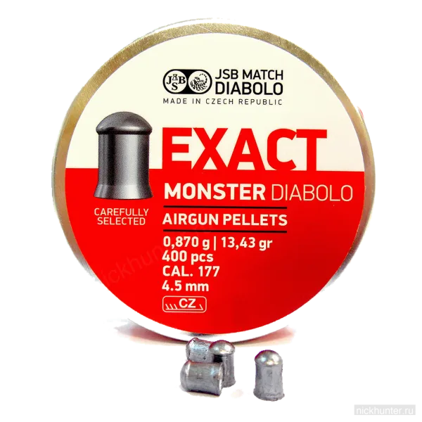 JSB Exact Monster Diabolo 4.5 мм: банка с обратной стороны и две пули у основания