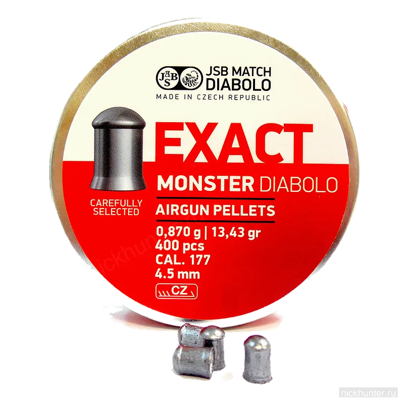 JSB Exact Monster Diabolo 4.5 мм: банка с обратной стороны и две пули у основания