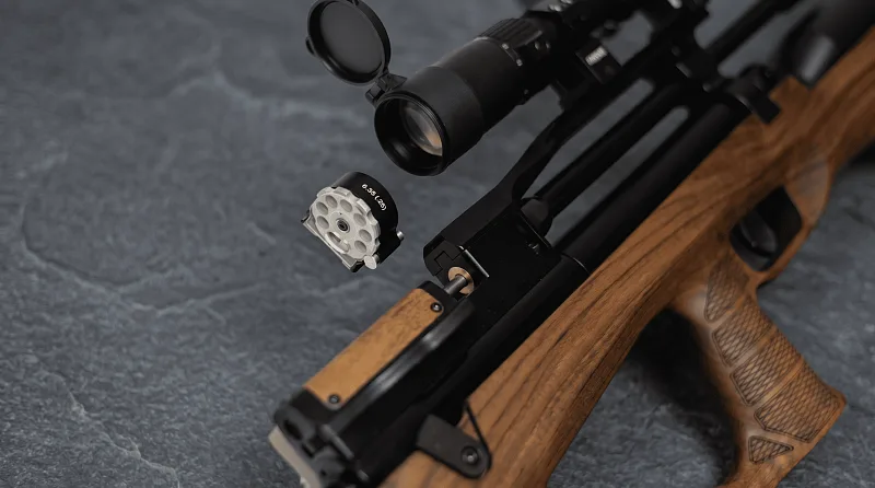 Jager SP Bullpup с оптикой, барабанным магазином и пулями, снято сверху