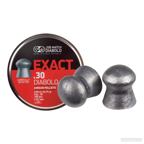 Банка JSB Exact Diabolo калибра 7.62 мм 2.9 г с пулями на переднем плане