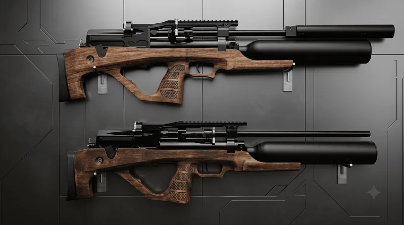 Две винтовки Jager SP Bullpup 6.35 мм одна над другой на серой стене