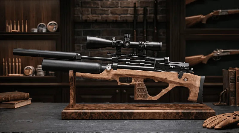 Jager SP Bullpup 6.35 мм в деревянной ложе на подставке в интерьере оружейной