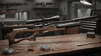 Jager SP Карабин 6.35 мм дерево — мастерская, винтовка лежит на столе