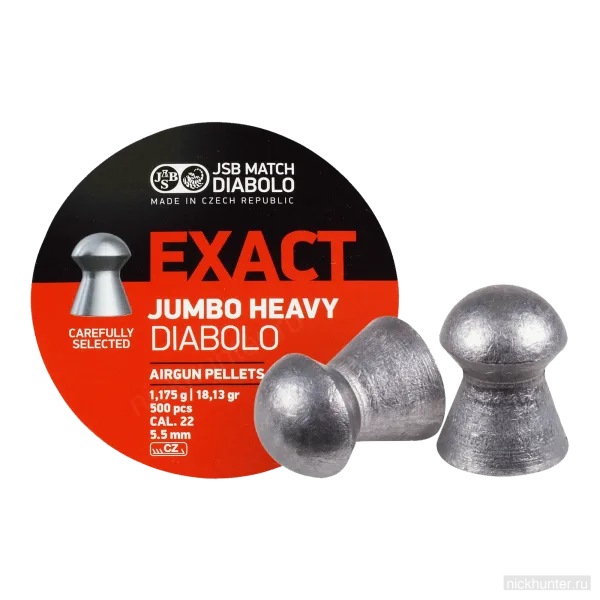 Банка JSB Exact Jumbo Heavy Diabolo 5.5 мм 1.175 г, две пули перед ней