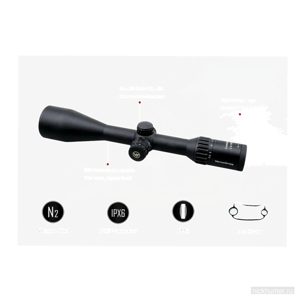 Схема Continental x6 2.5-15x56 с пиктограммами: азот, защита IPX6 и комплектные кольца
