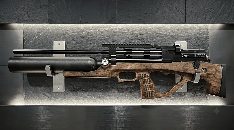Jager SP Bullpup 6.35 мм на витринной полке с подсветкой