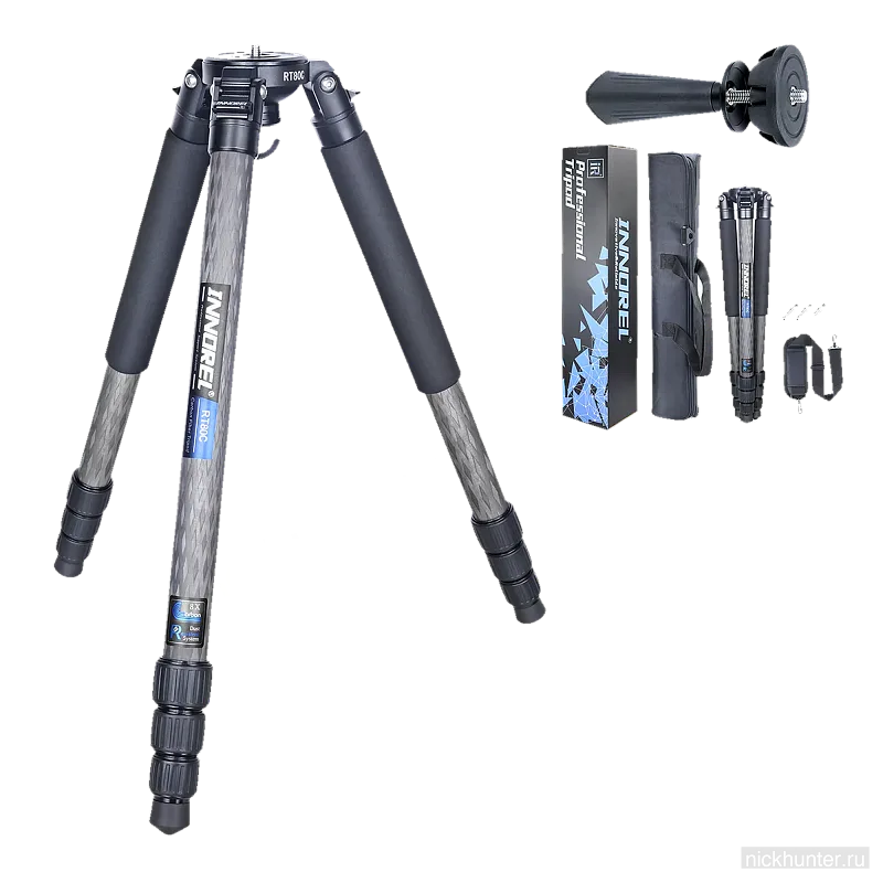 Штатив Innorel RT80C с разложенными ногами рядом с упаковкой