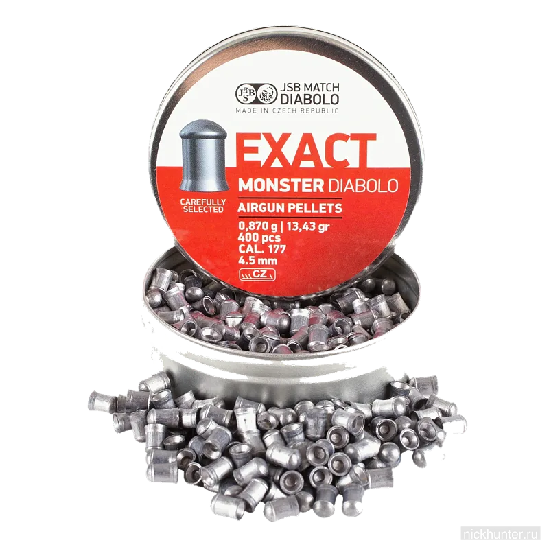 Открытая банка JSB Exact Monster 4.5 мм — пули высыпаны рядом