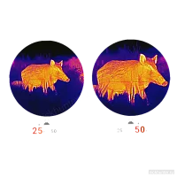 Тепловая картинка Pard Ocelot 640 Zoom: один и тот же объект на 25 и на 50 метрах