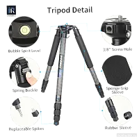 Конструкция штатива Innorel RT80C: уровень, замки, сменные шипы и грип-накладка