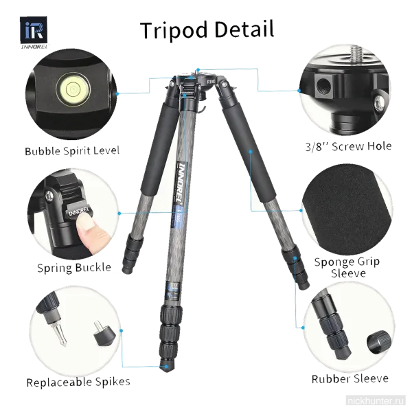 Конструкция штатива Innorel RT80C: уровень, замки, сменные шипы и грип-накладка