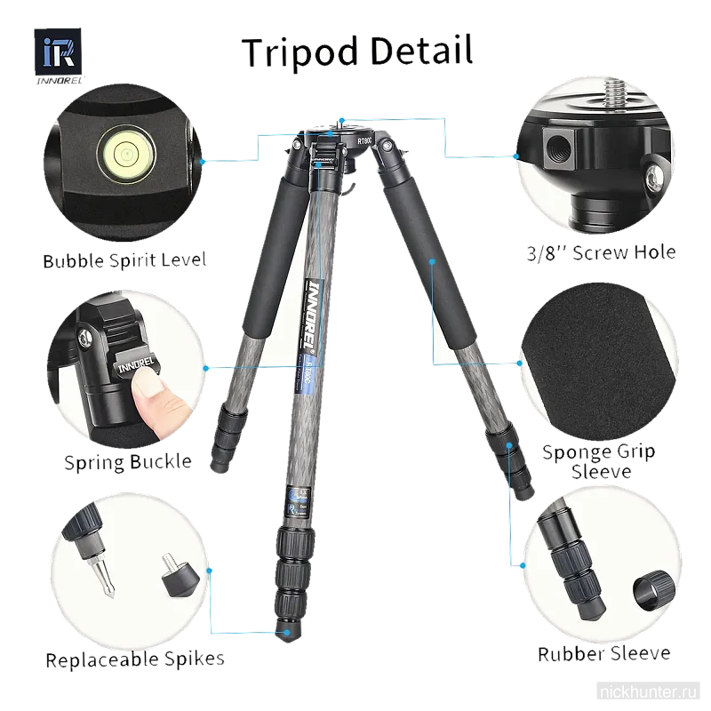 Конструкция штатива Innorel RT80C: уровень, замки, сменные шипы и грип-накладка