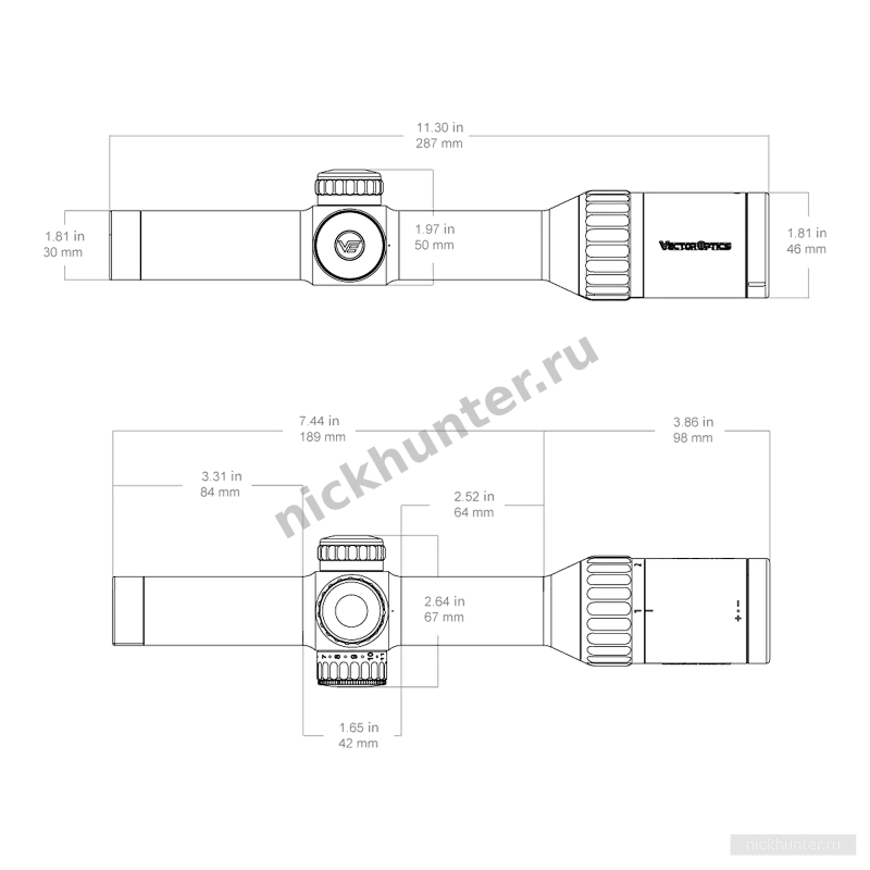 Габаритный чертёж Continental x8 1-8x24 G4 Fiber в дюймах и миллиметрах