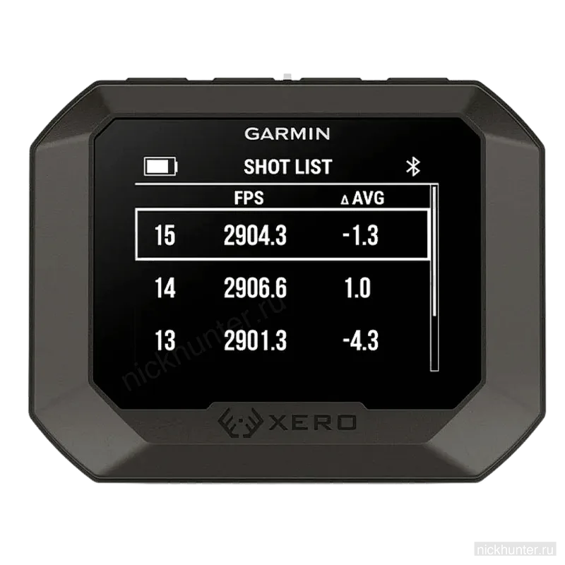 Список выстрелов на экране Garmin Xero C2 с отклонением от средней