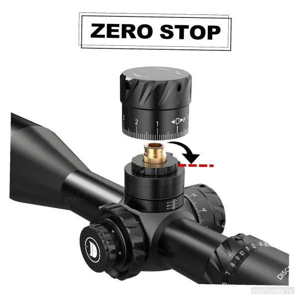 Механизм Zero Stop у Discovery HD GEN2 5-30x56 — барабан снят, видна фиксирующая втулка